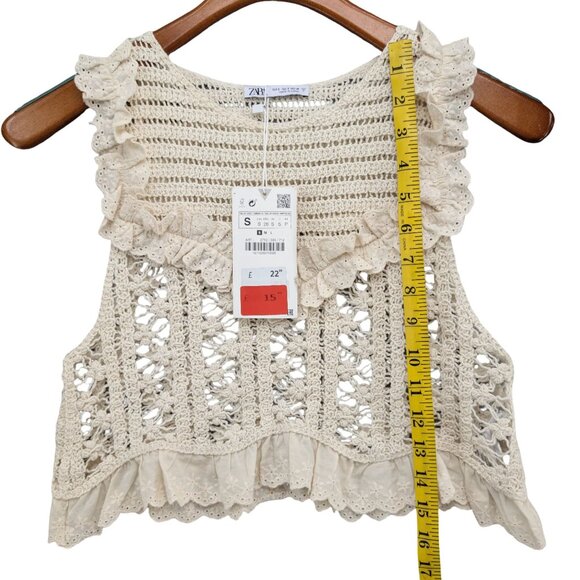 Zara Crochet Tank Top Womens Ecru Beige Cotton Ruffle Detail Sleeveless Size S - Picture 7 of 8